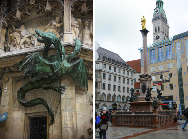 Estátua de um dragão na Neues Rathau e Coluna de Maria - Munique - Alessandro Paiva