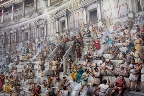 Ilustração da plateia em um dia de espetáculo no Coliseu