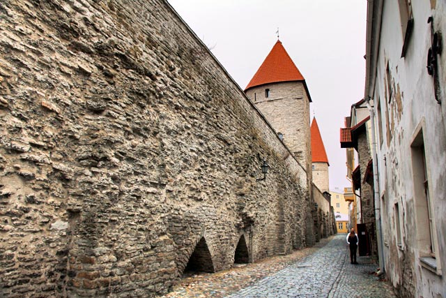 Muralha de Tallinn com destaque para a torre Torre Eppingi, na Rua Laboratooriumi